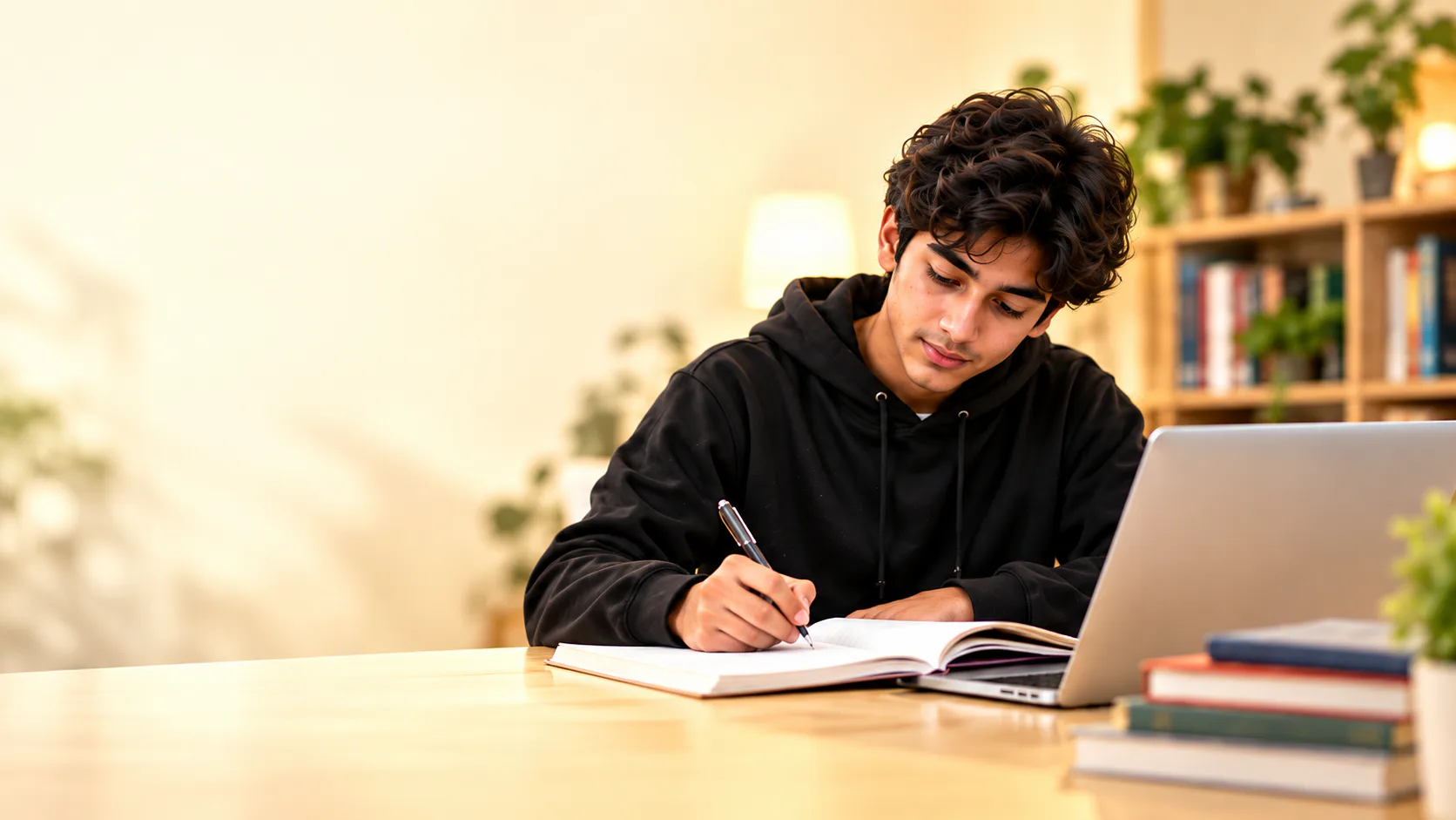 A student studying beside his laptop A student studying beside his laptop