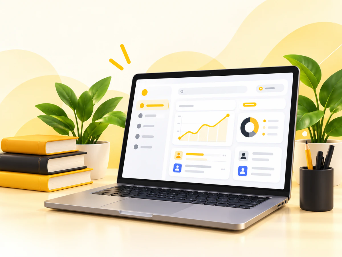 Learning management dashboard on a laptop beside books and plants Learning management dashboard on a laptop beside books and plants