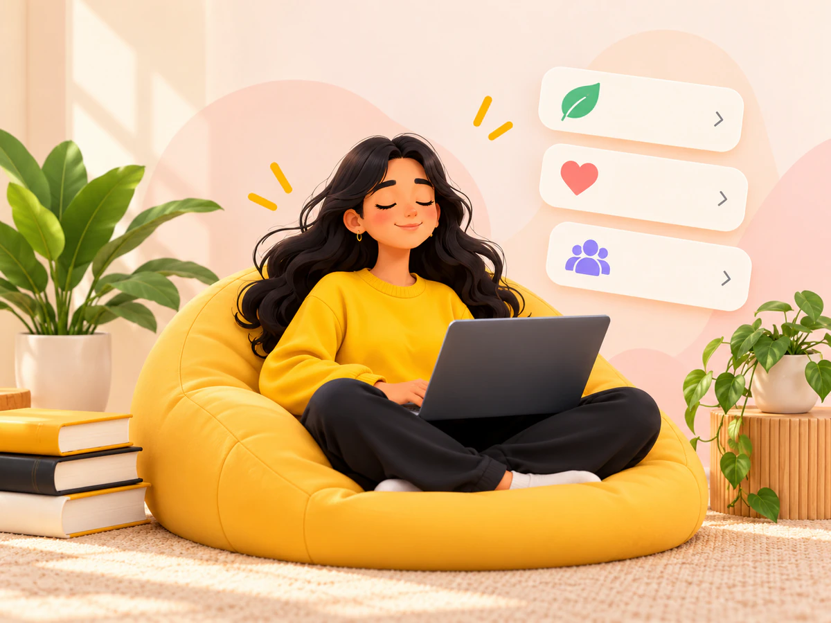 Student using a laptop in a calm well-being space Student using a laptop in a calm well-being space