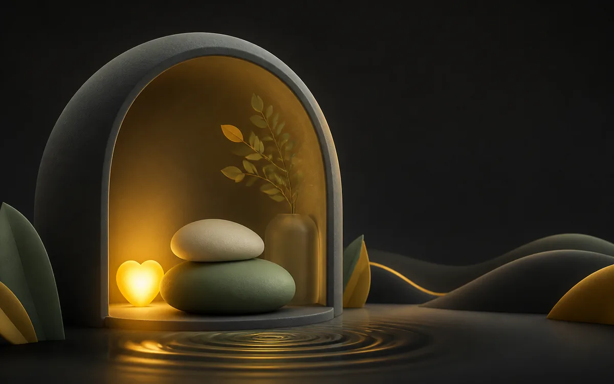 Abstract calm wellness alcove with a glowing heart Abstract calm wellness alcove with a glowing heart